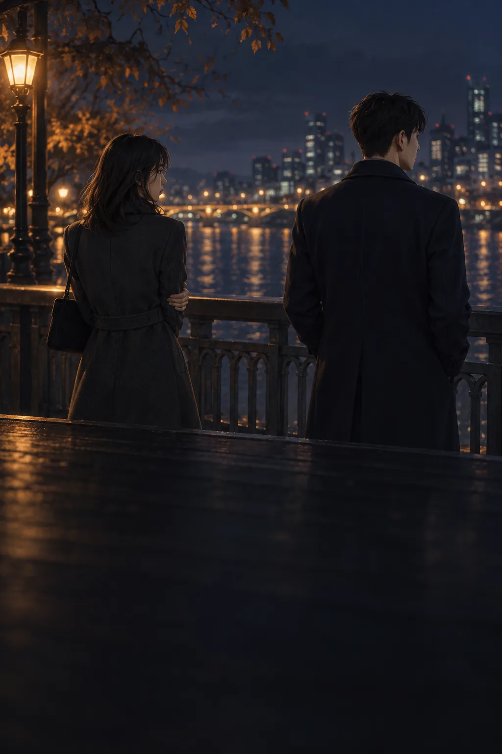 밤의 다리 위에 한 걸음 떨어져 선 두 사람