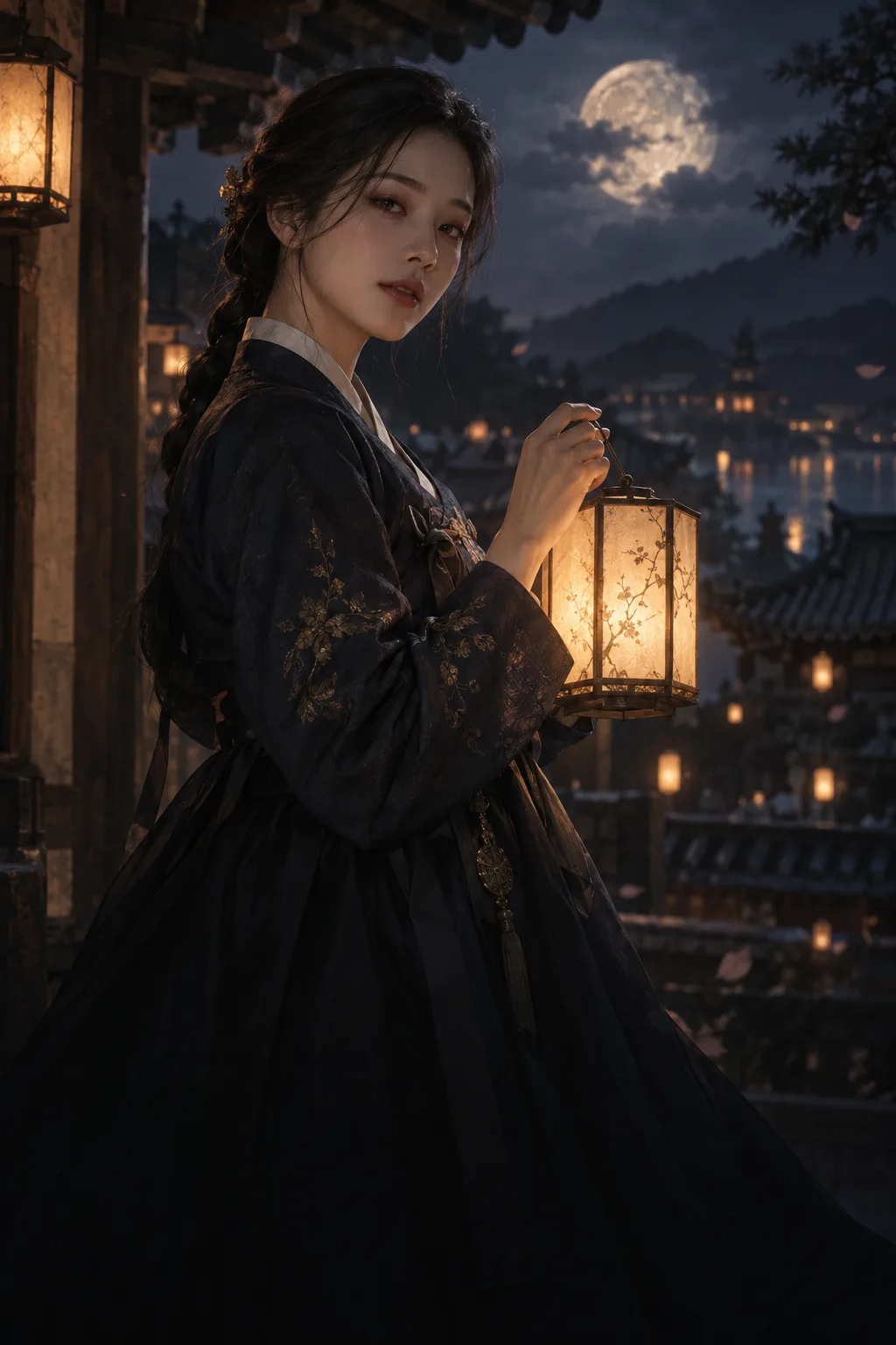달밤의 한옥 처마 아래 등불을 든 여인